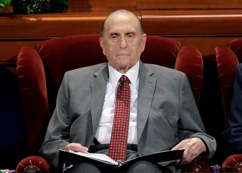 FILE - This April 1, 2017 file photo shows Thomas M. Monson, late president of the Church of Jesus Christ of Latter-day Saints, at the two-day Mormon church conference in Salt Lake City.(AP Photo/Rick Bowmer, File)
