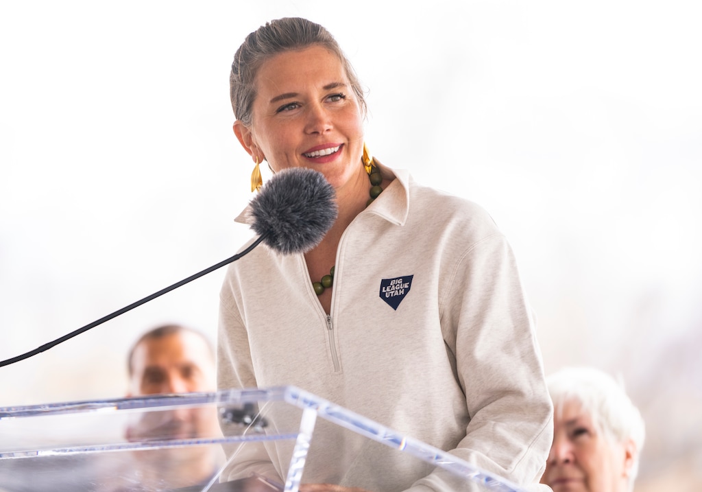 (Rick Egan | The Salt Lake Tribune) Salt Lake City Mayor Erin Mendenhall speaks at a groundbreaking event for the Power District development — potential site of a Major League Baseball stadium — on North Temple, Wednesday, April 12, 2023.