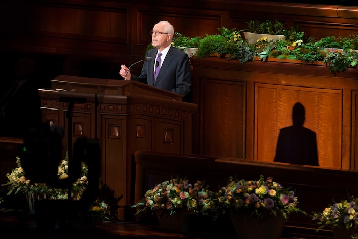 (Jeremy Harmon  |  The Salt Lake Tribune)  Elder Larry Y. Wilson of the Seventy speaks during the Sunday morning session of General Conference on April 1, 2018.