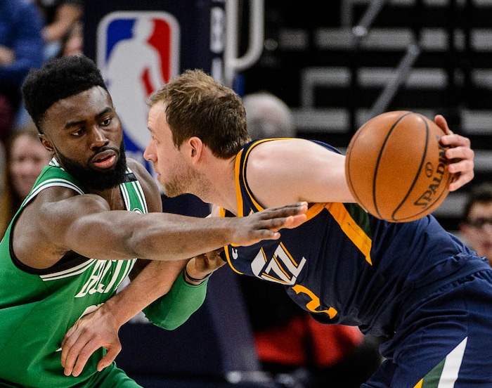 (Trent Nelson | The Salt Lake Tribune)  
Utah Jazz vs. Boston Celtics, NBA basketball in Salt Lake City, Wednesday March 28, 2018. Boston Celtics guard Jaylen Brown (7) defending Utah Jazz forward Joe Ingles (2).