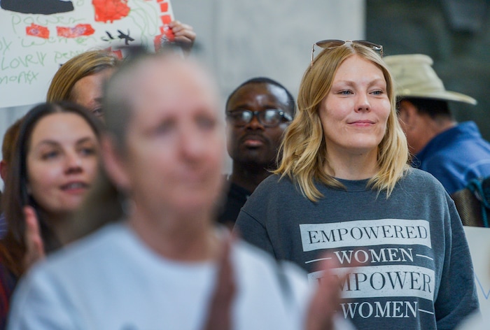 (Leah Hogsten | The Salt Lake Tribune) Faces in the crowd at Amplifying WomenÕs Voices rally to celebrate International WomenÕs Day at the Utah State Capitol Rotunda, hosted by KRCL Thursday, March 8, 2018.