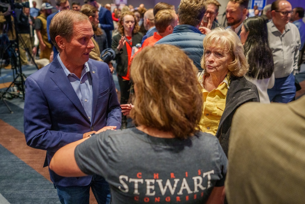 (Trent Nelson  |  The Salt Lake Tribune) Rep. Chris Stewart and Gayle Ruzicka at the Utah Republican Party election night party at the Hyatt Regency in Salt Lake City in November 2022. Stewart is expected to resign from Congress as early as this week.