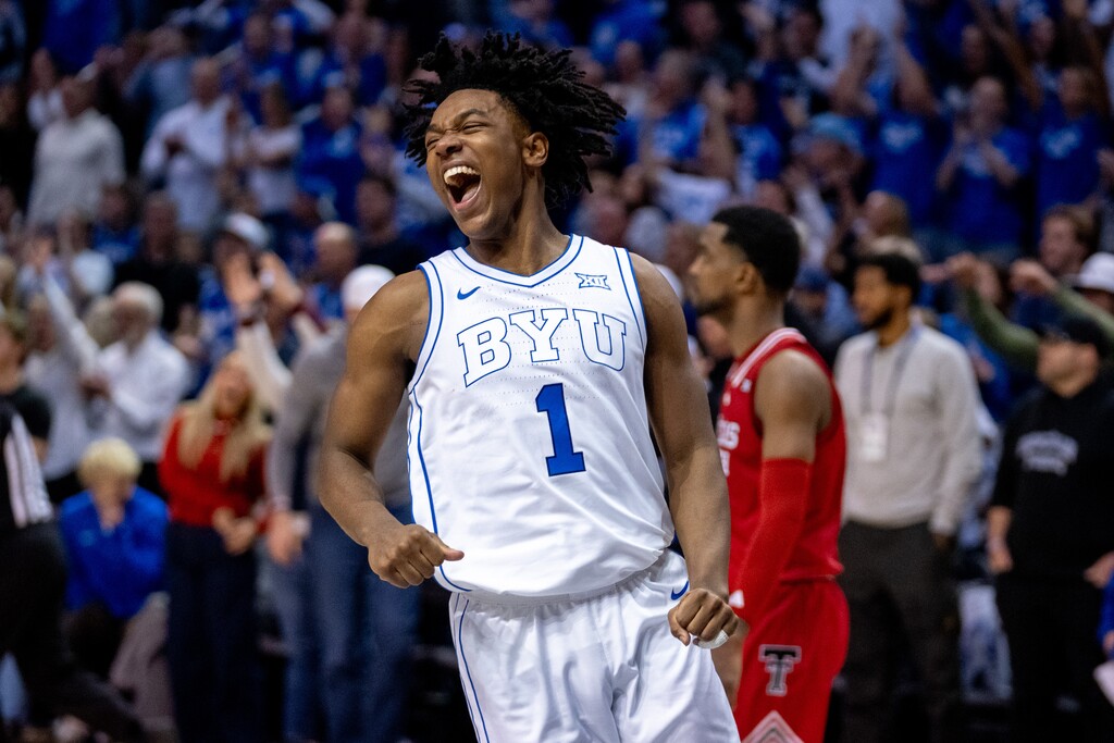 (Trent Nelson  |  The Salt Lake Tribune) BYU Cougars guard Robert Wright III (1) celebrates the win as BYU hosts Texas Tech, NCAA basketball in Provo on Saturday, March 7, 2026.