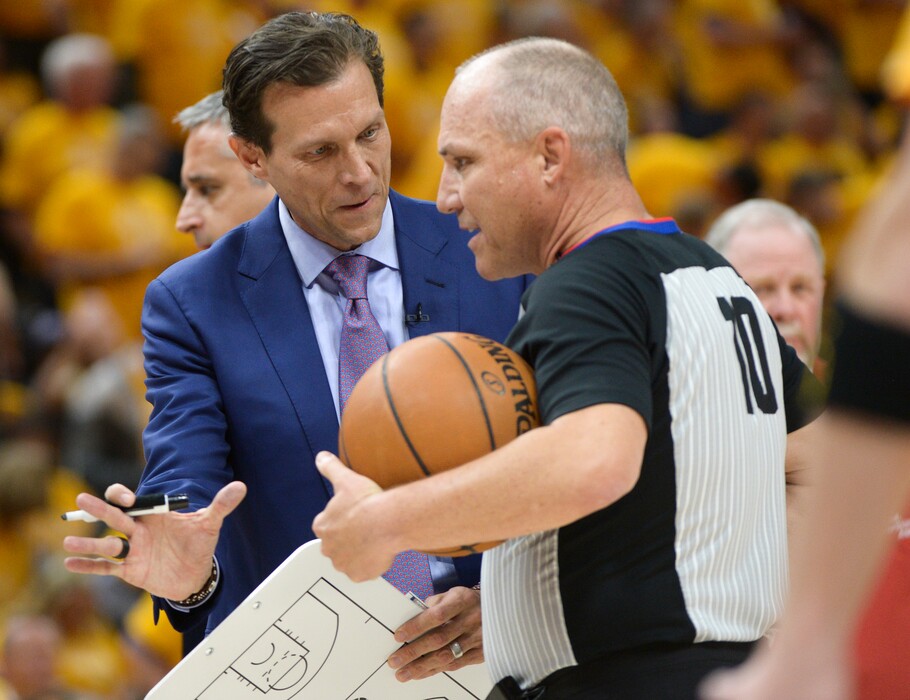 (Leah Hogsten | The Salt Lake Tribune) Utah Jazz head coach Quin Snyder questions a call by official Ron Garretson as the Utah Jazz take on the Houston Rockets in Game 3 of an NBA basketball second-round playoff series Friday, May 4, 2018 in Salt Lake City.