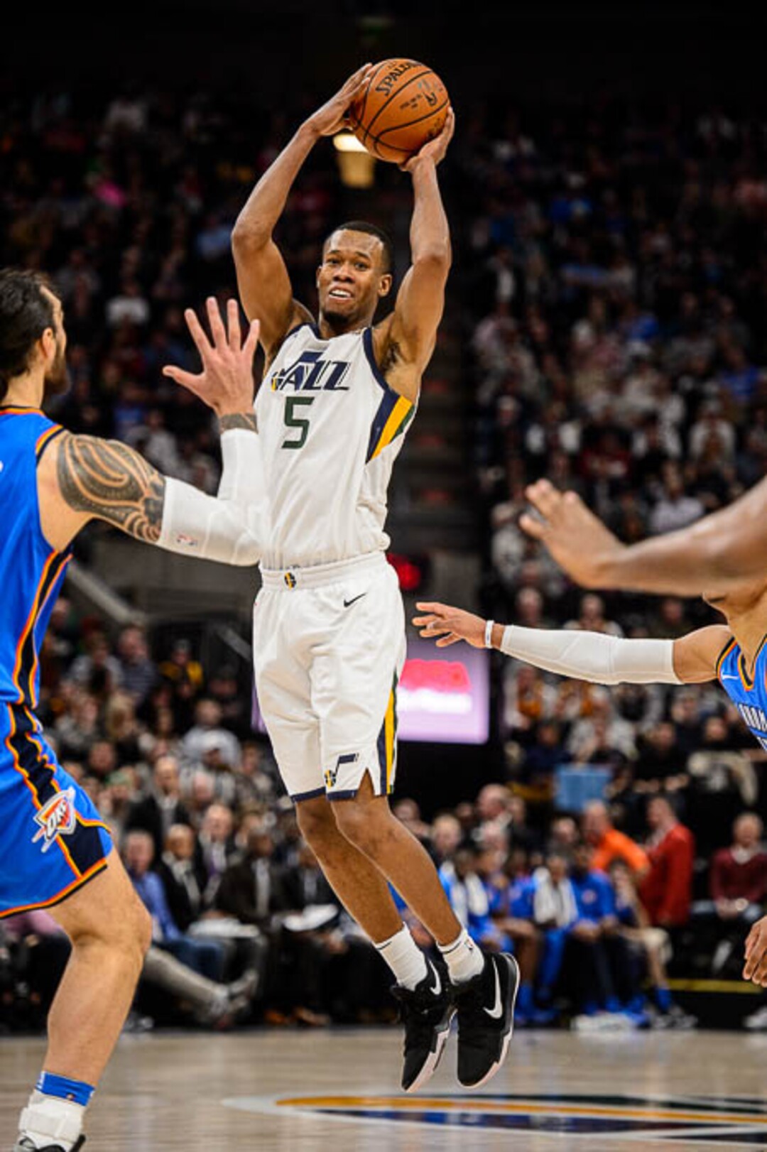 (Trent Nelson | The Salt Lake Tribune)  Utah Jazz guard Rodney Hood (5) looks to pass as the Utah Jazz host the Oklahoma City Thunder, NBA basketball in Salt Lake City, Saturday December 23, 2017.