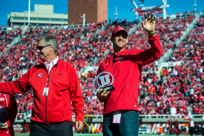 (Chris Detrick | The Salt Lake Tribune) Crimson Club Hall of Fame member Jordan Gross is honored at halftime during the game at Rice-Eccles Stadium Saturday, October 21, 2017. Arizona State Sun Devils defeated Utah Utes 30-10.
