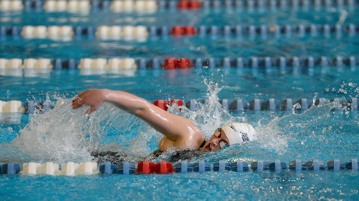 (Francisco Kjolseth  |  The Salt Lake Tribune)  Elise Weller of Park City swims to a first place finish in the Women 200 Yard IM at the high school swimming 4A State Championships in Bountiful, Friday February 9, 2018.