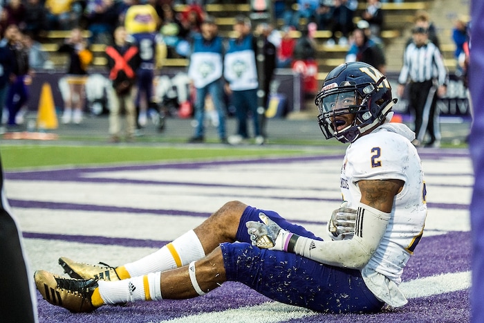 (Chris Detrick  |  The Salt Lake Tribune)  Western Illinois Leathernecks wide receiver Isaiah LeSure (2) remains on the ground after failing to make a catch on a two-point conversion attempt during the game at Stewart Stadium Saturday, November 25, 2017.  