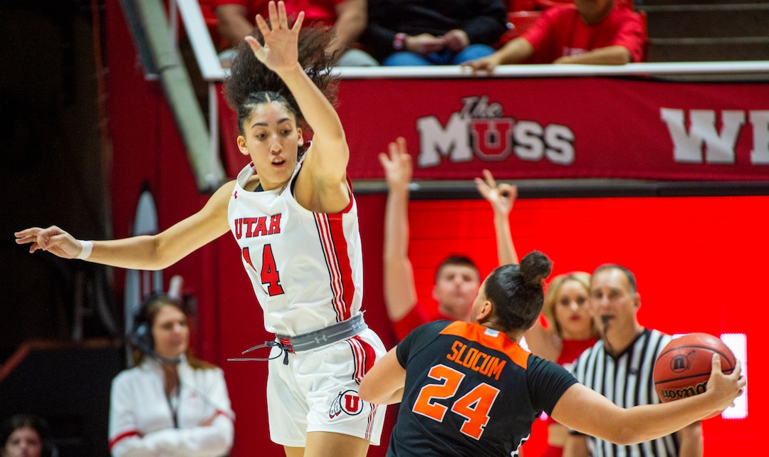(Rick Egan  |  The Salt Lake Tribune)     Utah Utes guard Niyah Becker (14) guards Oregon State Beavers guard Destiny Slocum (24) in PAC-12 basketball action between the Utah Utes and the Oregon State Beavers at the Jon M. Huntsman Center, Saturday, Feb. 1, 2020.