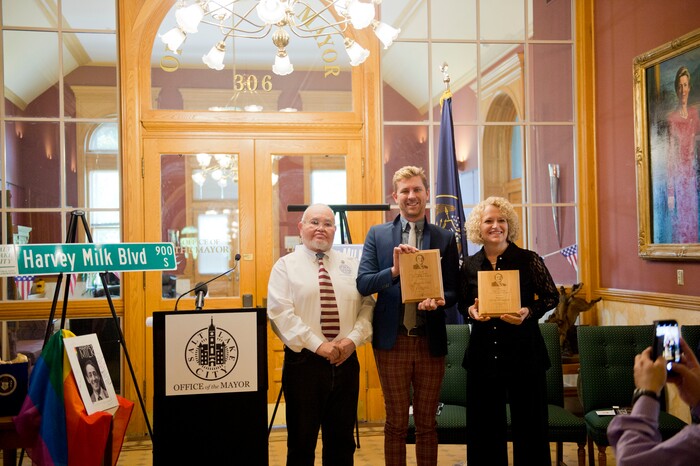 (Rachel Molenda | The Salt Lake Tribune)
San Diego human rights commissioner Nicole Murray-Ramirez, left, presents Equality Utah director Troy Williams, center, and Salt Lake City Mayor Jackie Biskupski with the Harvey Milk Civil Rights Award. The award was given by the International Imperial Court at the Salt Lake City-County Building in Salt Lake City, Utah, on Friday, May 25, 2018.