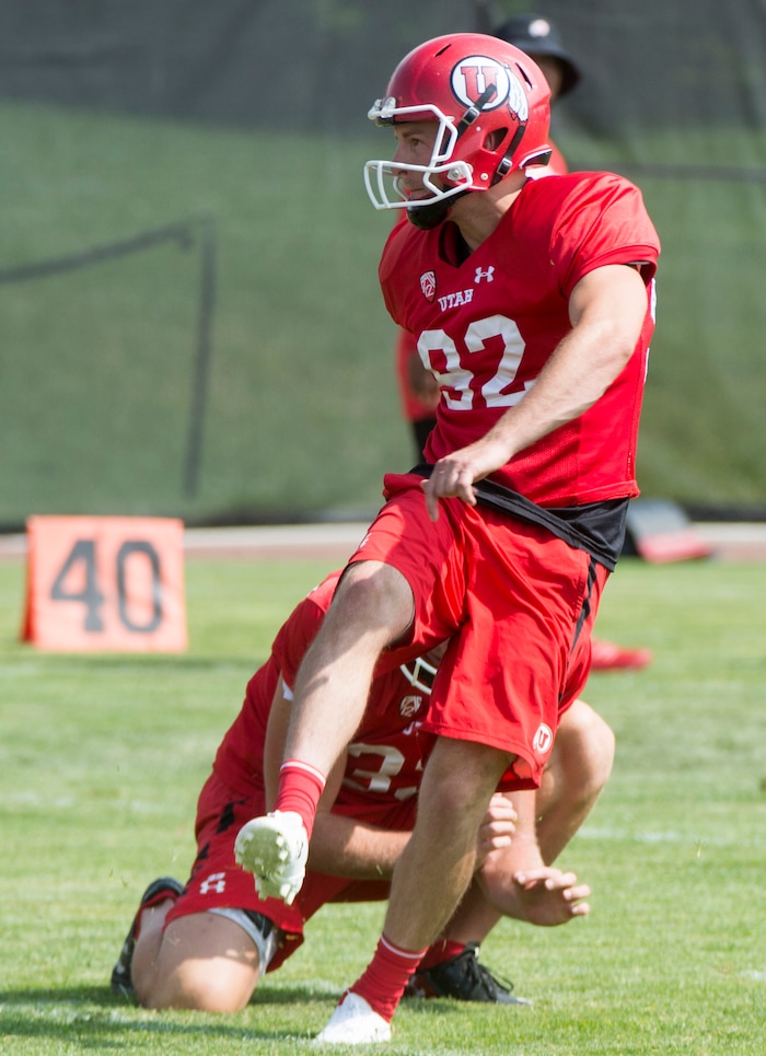 (Rick Egan  |  The Salt Lake Tribune)Utah kicker Hayes Hicken, kicks a field goal, during practice, Monday, August 7, 2017.