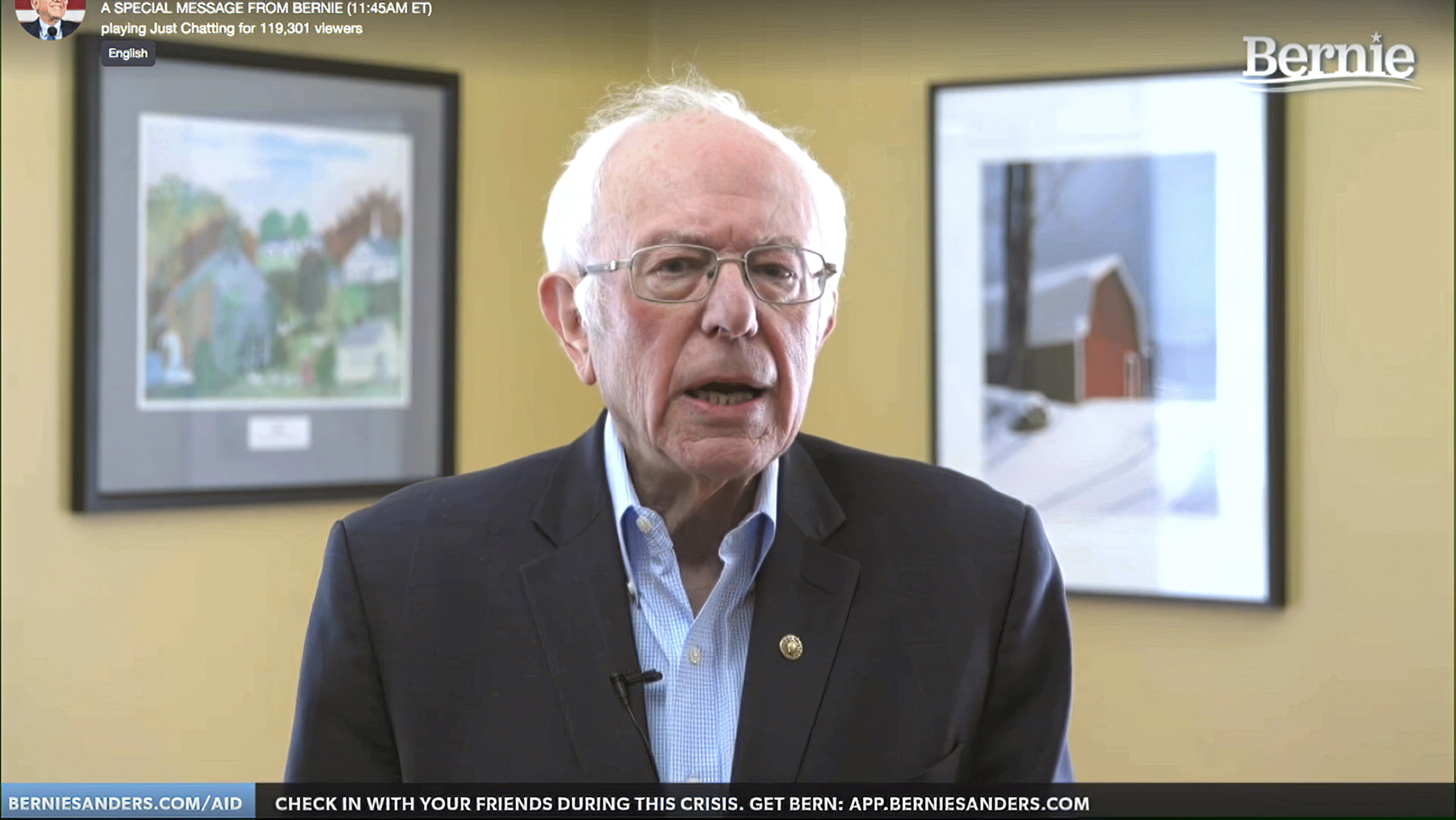 (Bernie Sanders for President via AP) This image from video provided by the Bernie Sanders presidential campaign shows Sen. Bernie Sanders, I-Vt., as he announces he is ending his presidential campaign Wednesday, April 8, 2020, in Burlington, Vt.