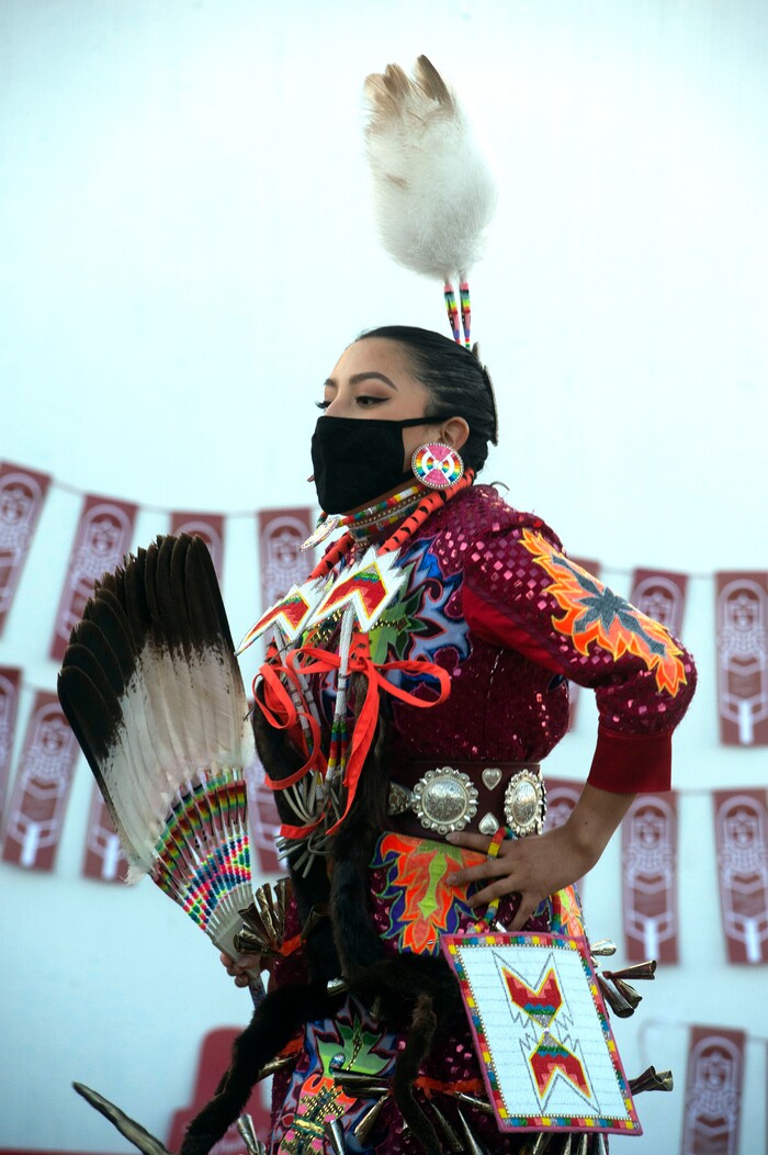 (Rick Egan  |  The Salt Lake Tribune)    
Shelly Etsitty does a jingle dance at the Indigenous Peoples Day celebration, on Monday, Oct. 12, 2020.

Shelly Etsitty does a jingle dance