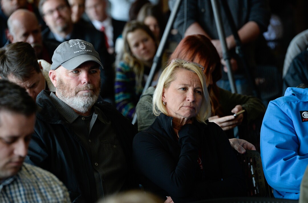 (Francisco Kjolseth  |  The Salt Lake Tribune)  Greg Marsden, former University of Utah gymnastics coach and his wife Megan who took over his position joins the crowd gathered for the announcement by the U's Athletics Director Chris Hill that he plans to retire this spring after 31years. 