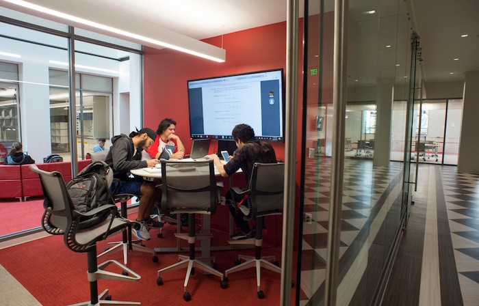 (Rick Egan  |  The Salt Lake Tribune)     Students study at the new Gary and Ann Crocker Science Center on Presidents Circle, at the University of Utah, Thursday, April 19, 2018.



