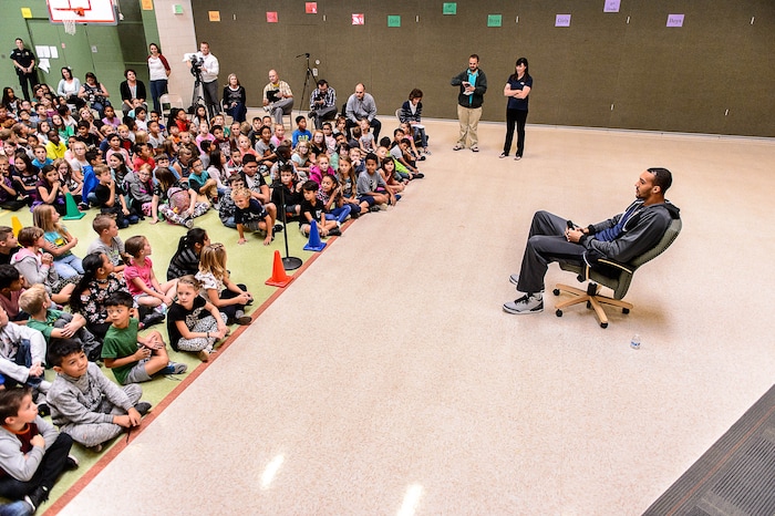 (Trent Nelson | The Salt Lake Tribune)  Utah Jazz center Rudy Gobert answers questions from young students at Foxboro Elementary, a French immersion school, in North Salt Lake, Wednesday September 20, 2017.