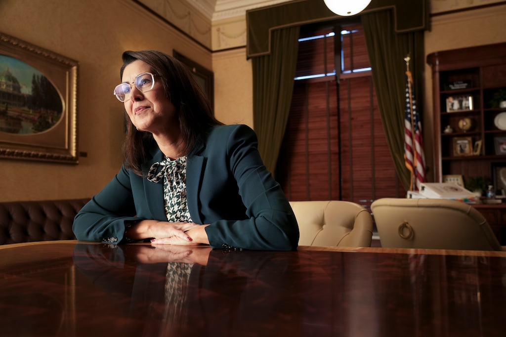 (Bethany Baker  |  The Salt Lake Tribune) Lt. Gov. Deidre Henderson speaks during an interview with The Salt Lake Tribune in her office at the Utah Capitol in Salt Lake City on Tuesday, Sept. 24, 2024. 