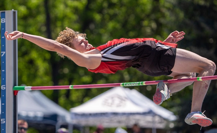 (Rick Egan | The Salt Lake Tribune)     Gavin Gonder, from Manila High School, competes, in the 1A Boys high jump, at the State High School Championships at BYU, on Saturday, May 21, 2022.
