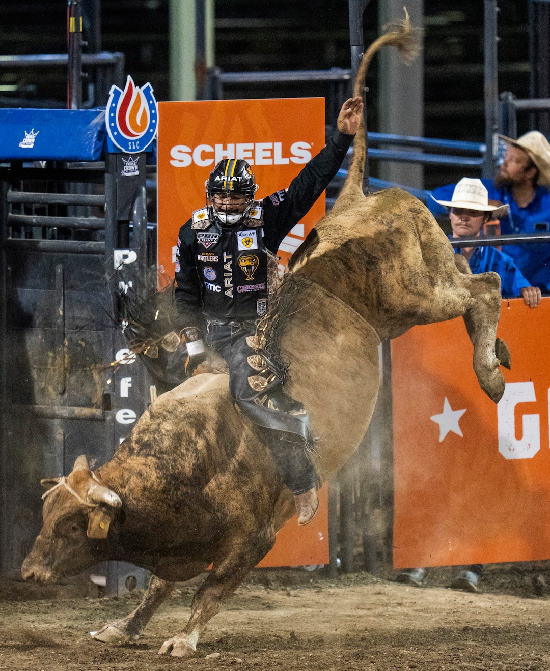 (Rick Egan | The Salt Lake Tribune)  Ednei Caminhas of Brazil, competes in the bull riding event at the Utah Days of '47 Rodeo at the State Fairpark, on Monday, July 25, 2022.