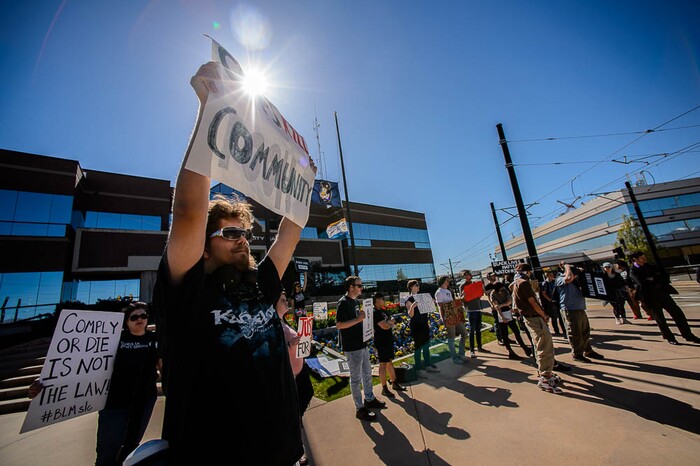 (Trent Nelson | The Salt Lake Tribune)
Utah Against Police Brutality holds a rally in front of West Valley City Hall, Saturday April 21, 2018. Elijah Smith was killed by West Valley Police on April 8 after he ran from them into a home. They shot him in the home's garage, while one hand was in the air and the other, activists say, appeared to be coming up, too. After body camera footage was released, the group began to call for the officer's firing.