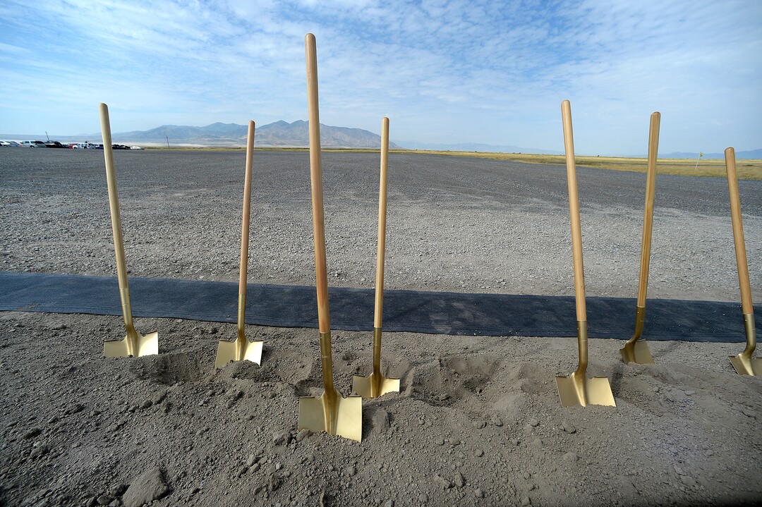 (Scott Sommerdorf   |  The Salt Lake Tribune)   Golden shovels stand in the dirt used during the groundbreaking ceremony for the new prison, Wednesday, August 16, 2017. 