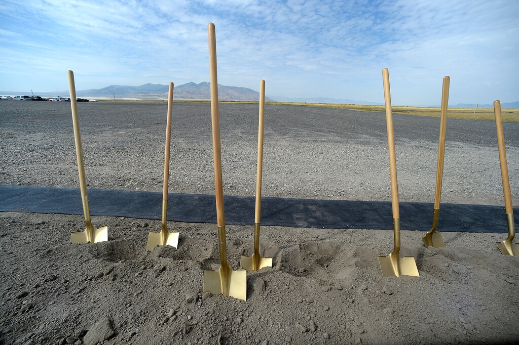 (Scott Sommerdorf | The Salt Lake Tribune) Golden shovels stand in the dirt used during the August groundbreaking ceremony for the next Utah State Prison.