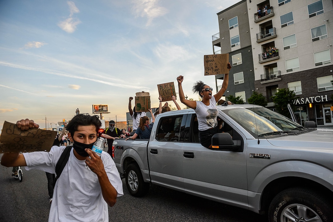 (Trent Nelson  |  The Salt Lake Tribune) Protesters march against police brutality in Salt Lake City on Tuesday, June 2, 2020.