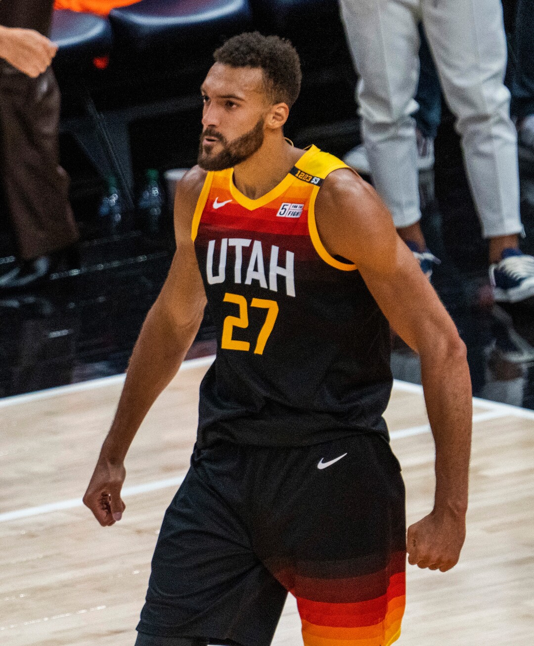(Rick Egan | The Salt Lake Tribune) Utah Jazz center Rudy Gobert (27) reacts as the Jazz beat the LA Clippers 112-109 after he blocked a shot by LA Clippers forward Marcus Morris Sr. (8) with seconds left in Game One of the second round of the NBA playoffs at Vivint Arena, on Tuesday, June 8, 2021.