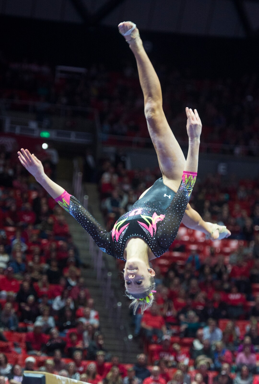 (Rick Egan  |  The Salt Lake Tribune)  MaKenna Merrell-Giles competes on the beam for Utah, in Gymnastics action Utah vs. Oregon State at the Jon M. Huntsman Center, Friday, January 19, 2018.