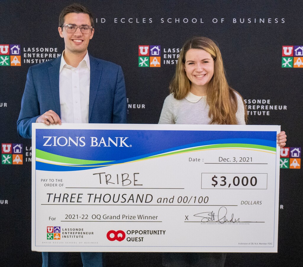 (Rick Egan | The Salt Lake Tribune)  Nick Van Slooten and Elizabeth Miller, two of Tribe's co-founders, took First Place in 
 in the Lassonde entrepreneur contest at the University of Utah, on Friday, December 3, 2021.