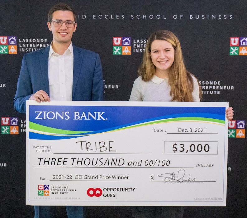 (Rick Egan | The Salt Lake Tribune)  Nick Van Slooten and Elizabeth Miller, two of Tribe's co-founders, took First Place in 
 in the Lassonde entrepreneur contest at the University of Utah, on Friday, December 3, 2021.