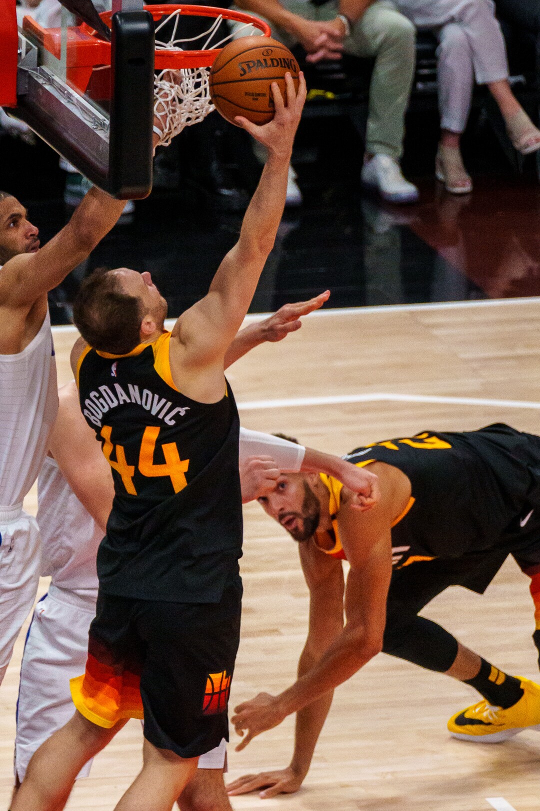 (Trent Nelson  |  The Salt Lake Tribune) Utah Jazz forward Bojan Bogdanovic (44) scores after a pass from Utah Jazz center Rudy Gobert (27) as the Utah Jazz host the Los Angeles Clippers in a Game 5 matchup, NBA basketball in Salt Lake City on Wednesday, June 16, 2021.