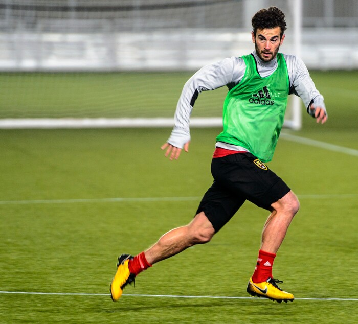 (Steve Griffin  |  The Salt Lake Tribune) RSL players stretch before practice begins at the Zions Bank Real Academy indoor facility in Herriman Tuesday January 23, 2018.
