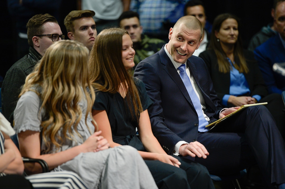 (Francisco Kjolseth  |  The Salt Lake Tribune)  Mark Pope looks over at his family as BYU announces him as its new head basketball coach during a press event at the BYU broadcasting building on Wed. April 10, 2019.