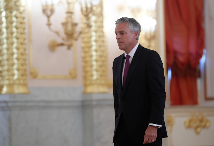 U.S. ambassador Jon Huntsman, seen  after presenting credentials to Russian President Vladimir Putin during a ceremony in the Kremlin in Moscow, Russia, on Tuesday, Oct. 3, 2017. The new U.S. ambassador to Russia presented his credentials to President Vladimir Putin in the Kremlin amid investigations into Moscow's meddling in the 2016 U.S. elections. Russian Foreign Minister Sergey Lavrov is seen in the center. (AP Photo/Pavel Golovkin, pool)