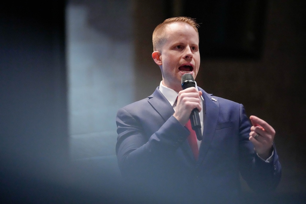 (Francisco Kjolseth | The Salt Lake Tribune) Rep. Trevor Lee, R-Layton, running for reelection, addresses delegates during the Davis County Republican Party nominating convention at Syracuse High School on Saturday, April 18, 2026.