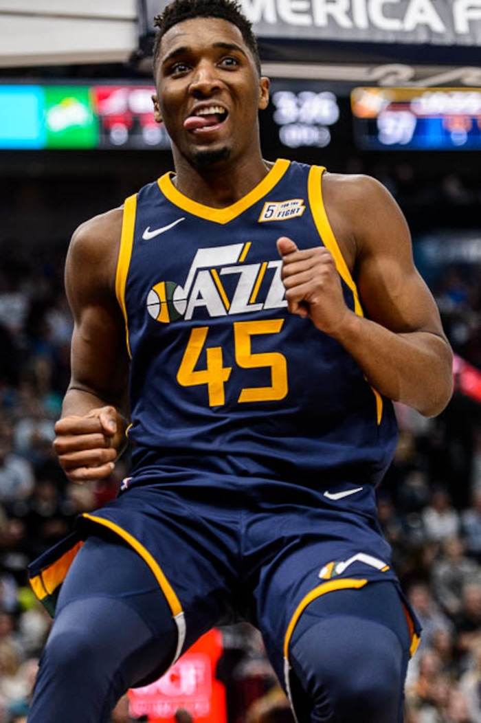 (Trent Nelson | The Salt Lake Tribune)  Utah Jazz guard Donovan Mitchell (45) celebrates as the Utah Jazz host the Portland Trail Blazers, NBA basketball in Salt Lake City, Wednesday November 1, 2017.