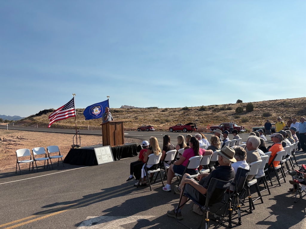 (Brooke Larsen | The Salt Lake Tribune) Toquerville Mayor Justin Sip addresses local leaders and community members at a ribbon cutting ceremony for the Toquerville Parkway on Thursday, July 10, 2025.