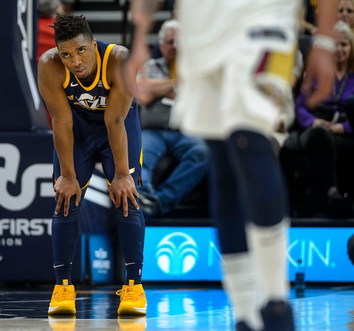 (Steve Griffin  |  The Salt Lake Tribune) Utah Jazz guard Donovan Mitchell (45) shrugs as the Jazz fall to the New Orleans Pelicans in their NBA basketball game at the Vivint Smart Home Arena in Salt Lake City Wednesday January 3, 2018.