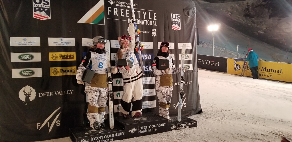 (Julie Jag | The Salt Lake Tribune) U.S. Ski Team moguls athletes Jaelin Kauf, right, and Hannah Soar, left, share the podium with Canada's Justine Dufour-Lapointe at the FIS Freestyle Ski World Cup dual moguls event Saturday, Feb. 8, 2020, at Deer Valley Resort in Park City. Soar took silver, Kauf took bronze and Dufour-Lapointe won gold.
