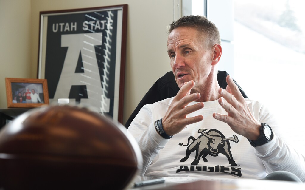 (Francisco Kjolseth  |  The Salt Lake Tribune)  USU coach Gary Andersen goes in-depth on life back in Logan inside his office in the Jim & Carol Laub Athletics-Academic Complex.