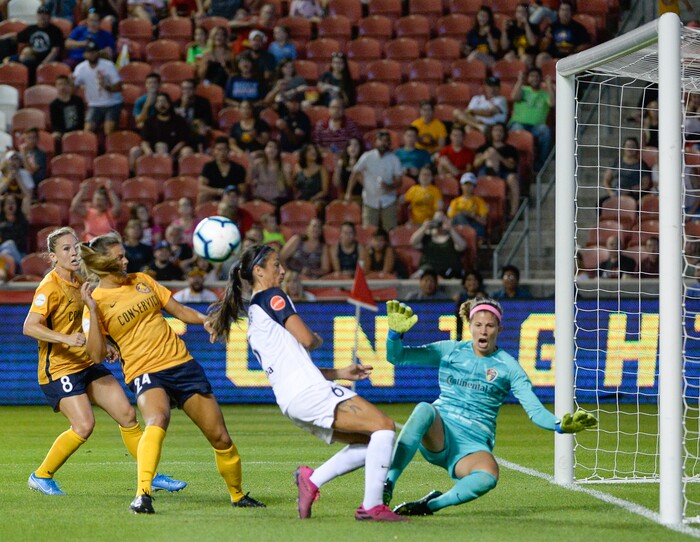 (Francisco Kjolseth  |  The Salt Lake Tribune)  The Utah Royals FC make a run on goal as they host the North Carolina Courage at Rio Tinto Stadium in Sandy, Utah on Saturday, July 27, 2019.