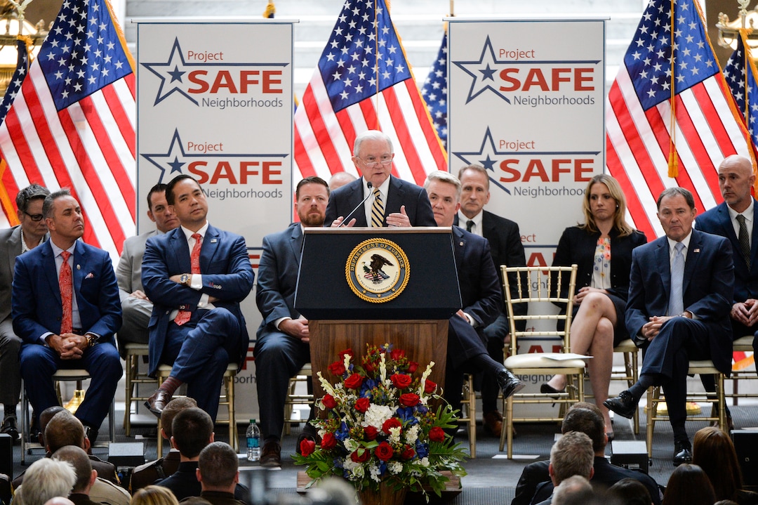 Leah Hogsten  |  The Salt Lake Tribune   U.S. Attorney General Jeff Sessions touted Project Safe Neighborhoods, Wednesday, October 3, 2018, at the Utah Capitol, on the one year anniversary since the Trump administration returned to the policy pushed by the George W. Bush administration. Under Project Safe Neighborhoods, federal prosecutors focus on security stiff sentences for those convicted of gun crimes and reducing violent crimes.