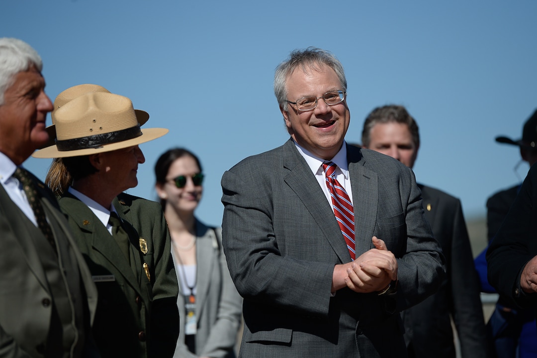 (Francisco Kjolseth  |  The Salt Lake Tribune)  U.S. Secretary of the Interior David Bernhardt is welcomed on Friday May 10, 2019, during festivities of the 150th anniversary of the completion of the transcontinental railroad at Promontory Summit where the two rails met back on May 10, 1869.