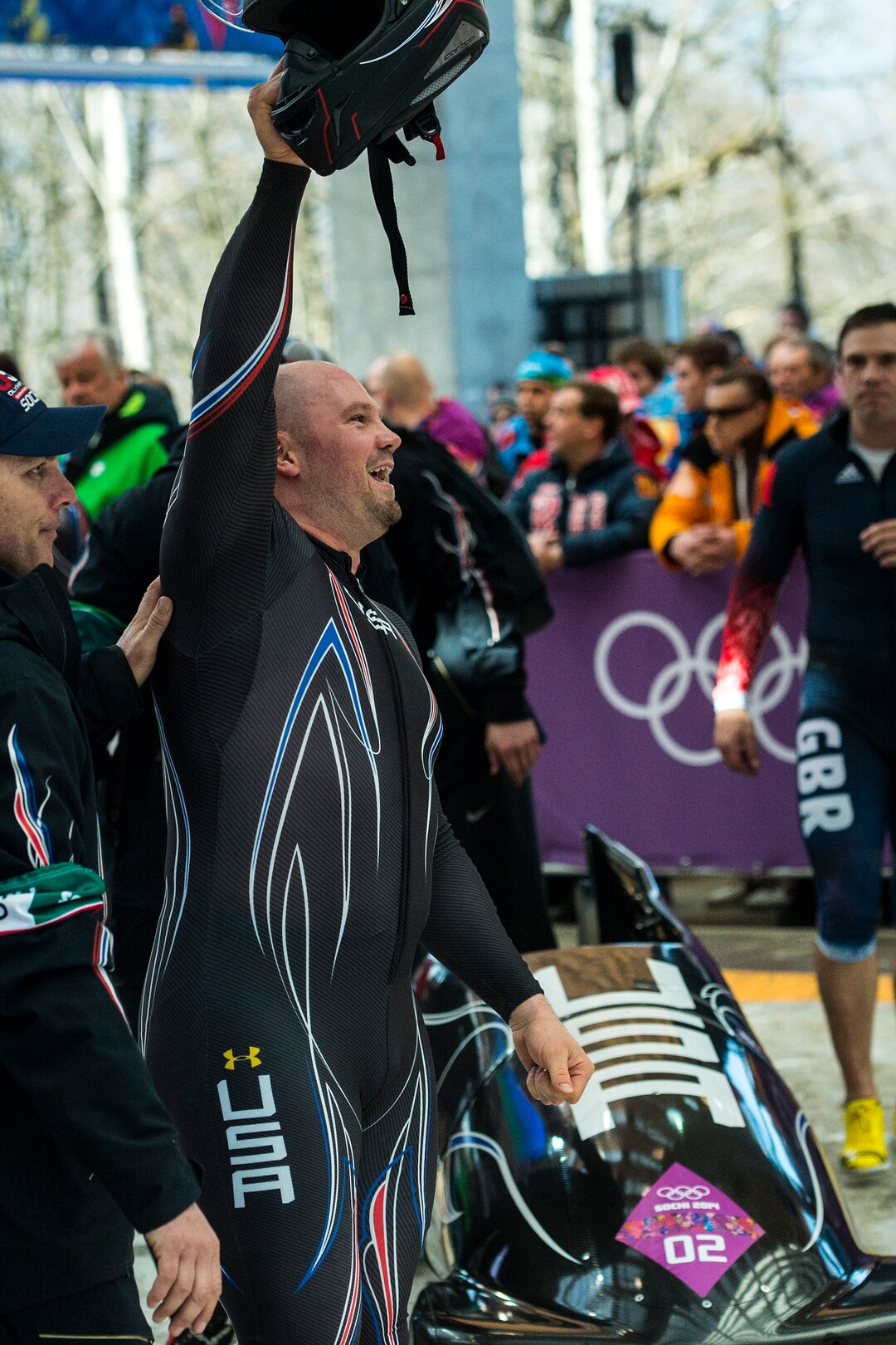 KRASNAYA POLYANA, RUSSIA  - JANUARY 23:USA's pilot Steven Holcomb celebrates after the four-man bobsled at Sanki Sliding Center during the 2014 Sochi Olympics Sunday February 23, 2014. They won the bronze medal with a cumulative time of 3:40.99. (Photo by Chris Detrick/The Salt Lake Tribune)