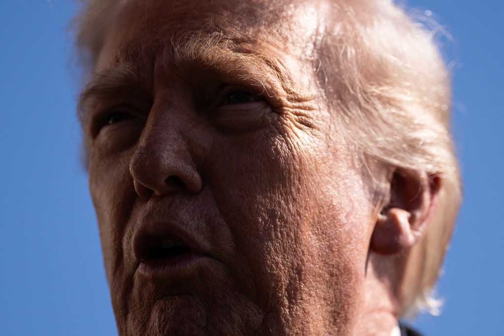 President Donald Trump speaks to reporters as he departs the White House in Washington, Feb. 13, 2026. (Tierney L. Cross/The New York Times)