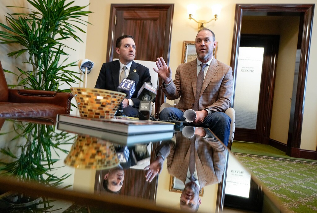(Francisco Kjolseth  |  The Salt Lake Tribune) Rep. Robert Spendlove, R-Sandy, left, and  House Speaker Mike Schultz, R-Hooper, answer questions during their weekly House media availability at the Utah Capitol on Friday, Feb. 9, 2024.