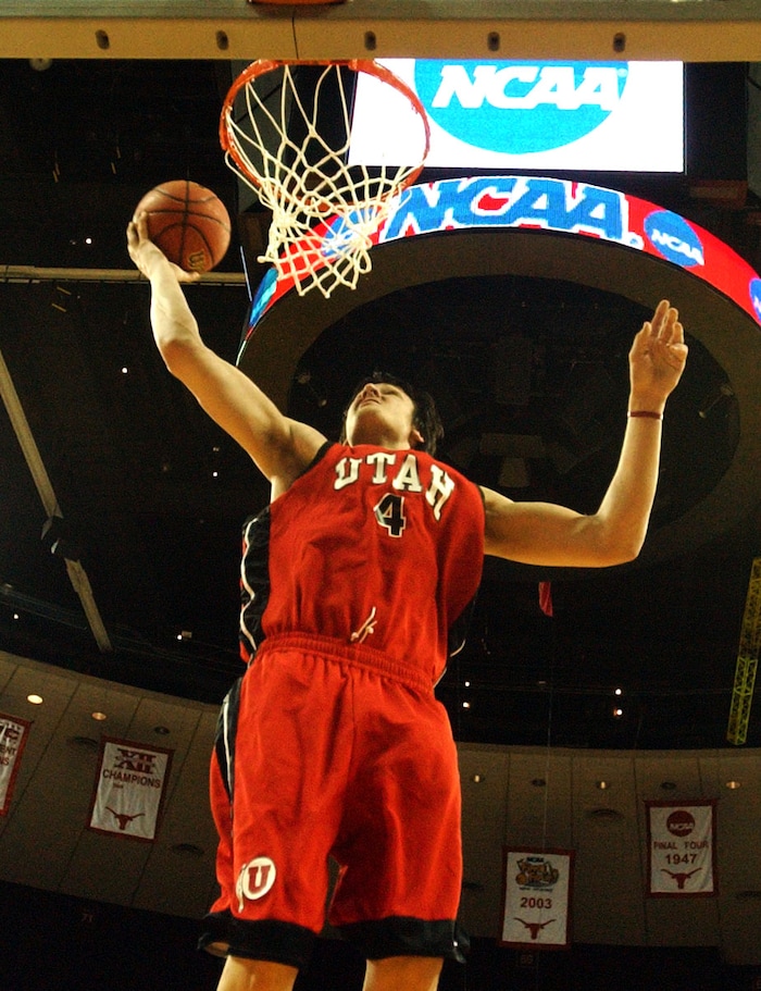 Andrew Bogut shoots the ball during the utes practice at the Frank Erwin Center in Austin Texas Thursday afternoon.  photo by Rick Egan