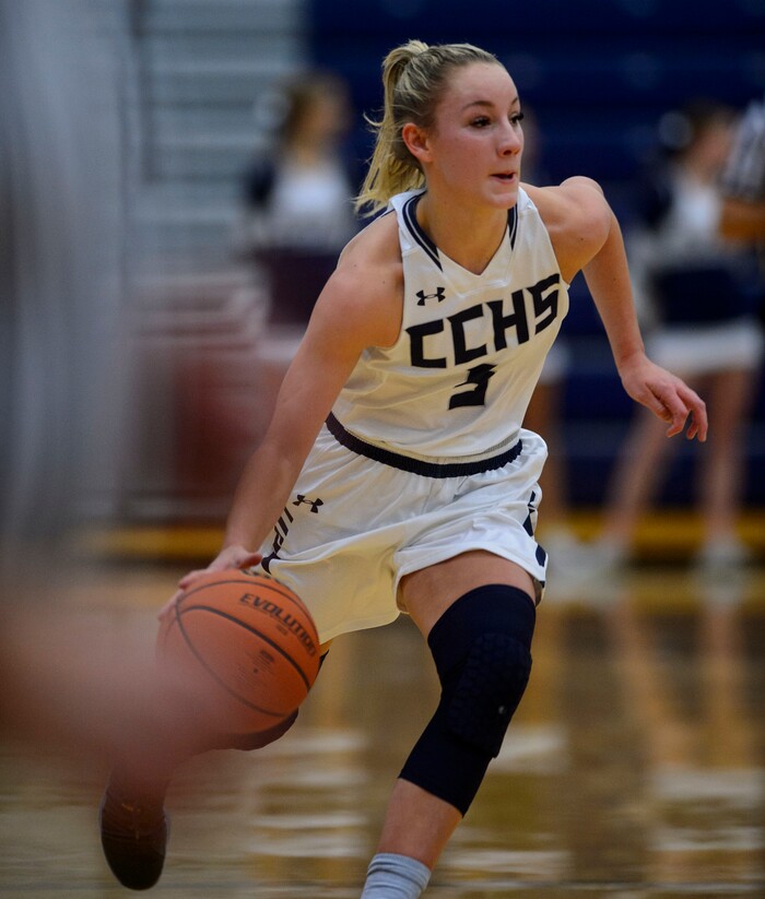 (Steve Griffin  |  The Salt Lake Tribune) Corner Canyon's Nicole Critchfield pushes the ball up court during game against Timpview at Corner Canyon High School in Draper Tuesday January 16, 2018.