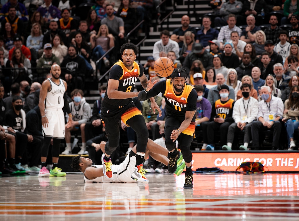(Rachel Rydalch | The Salt Lake Tribune) Mike Conley (11) and Rudy Gay (8) head down the court on offense against the Brooklyn Nets on Friday, Feb. 4, 2022.